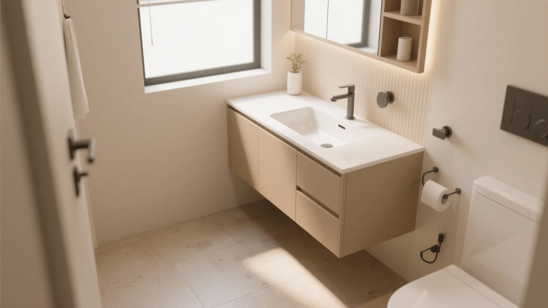 Modern bathroom with a light wood floating cabinet white sink large window and toilet fixture
