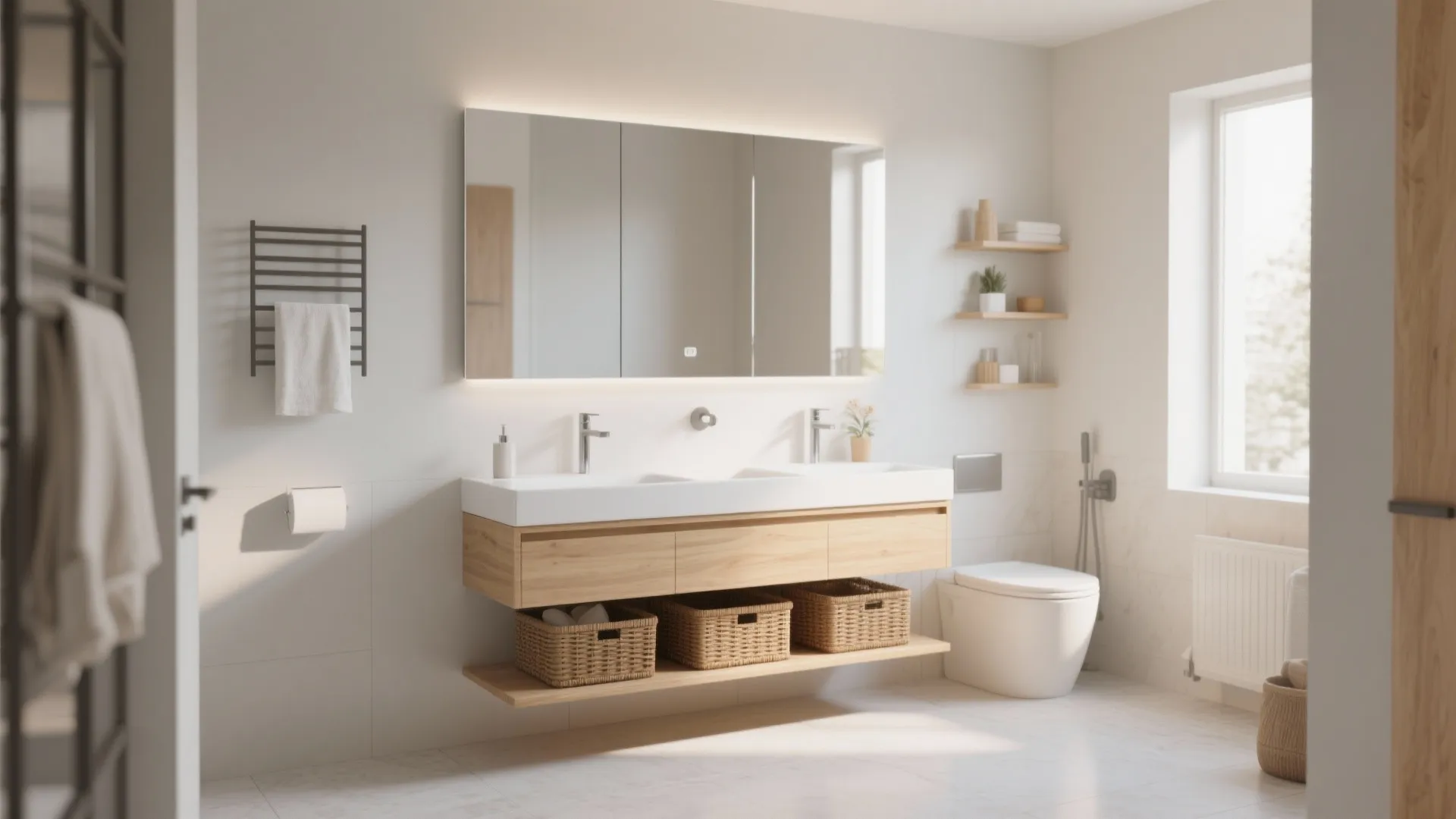 Modern bathroom with double sink wooden cabinet mirror light toilet and three woven storage baskets