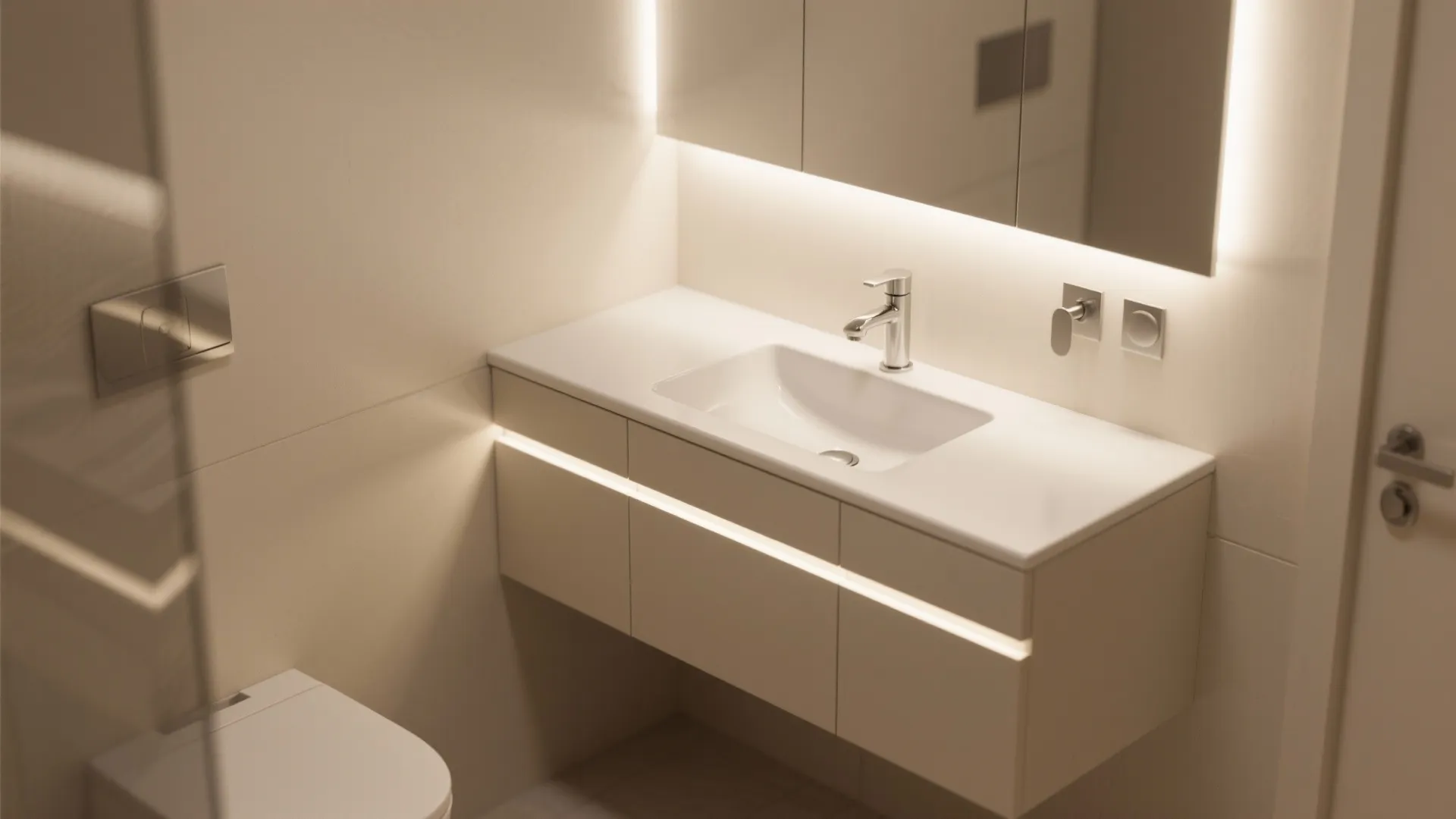 Modern white floating cabinet with sink and backlit mirror in a warm and minimalist bathroom