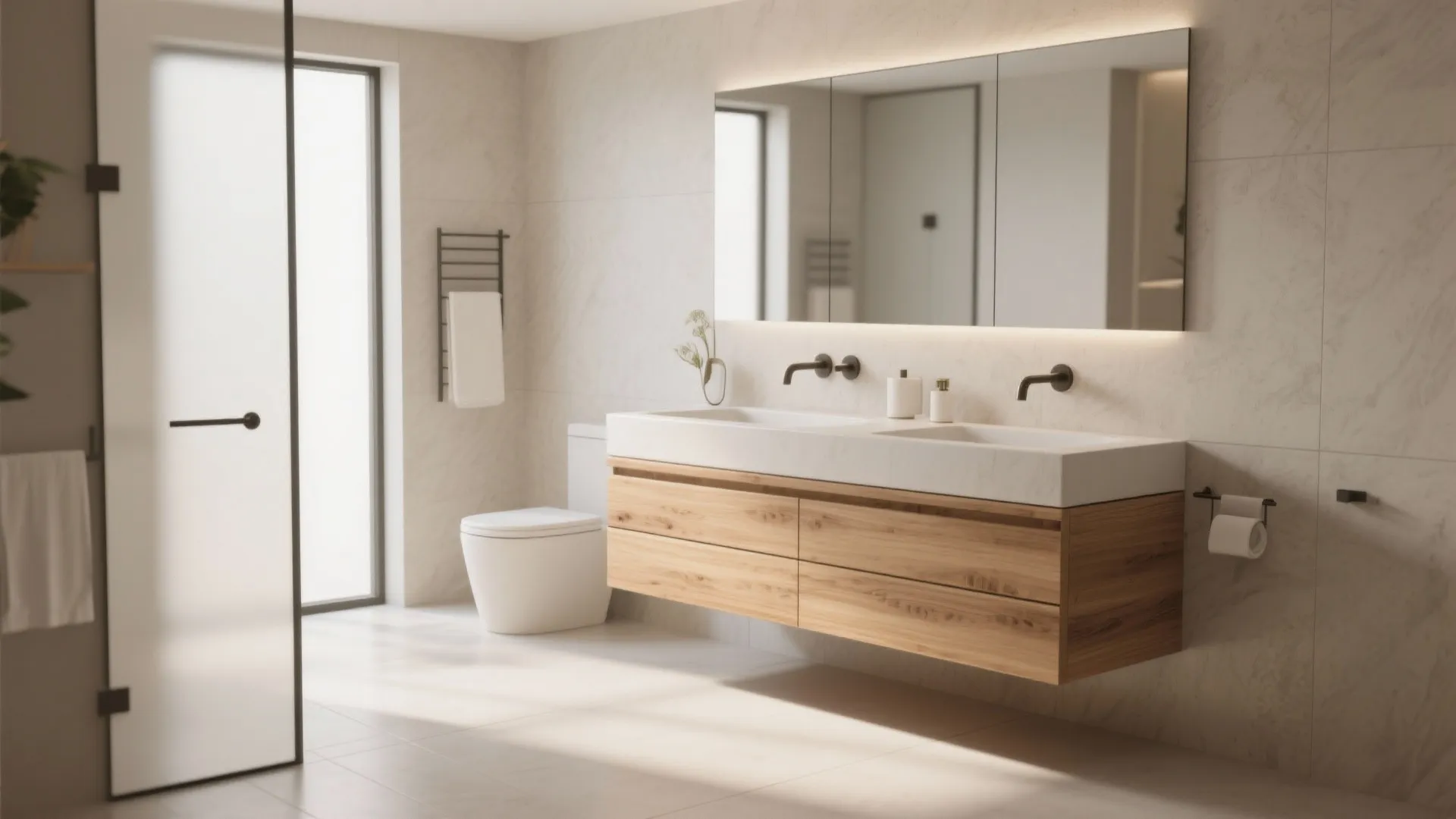Modern bathroom with a wooden floating cabinet double sinks large mirror and a white toilet seat