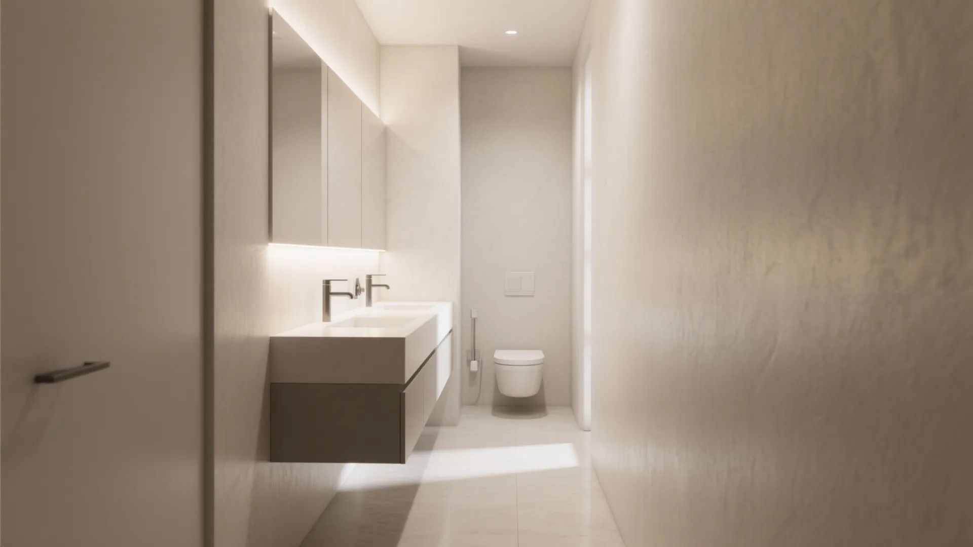 Minimalist white bathroom design with wall mounted cabinet and large mirror with bright back lighting