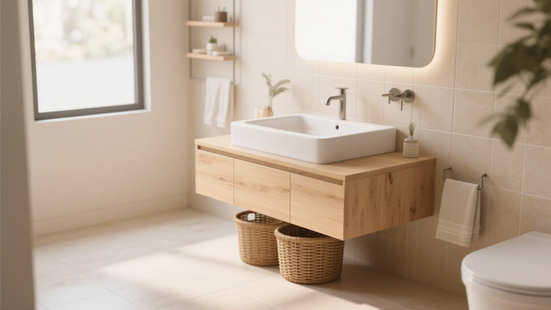 Modern bathroom with wooden floating cabinet white sink large mirror wall tiles and wicker baskets