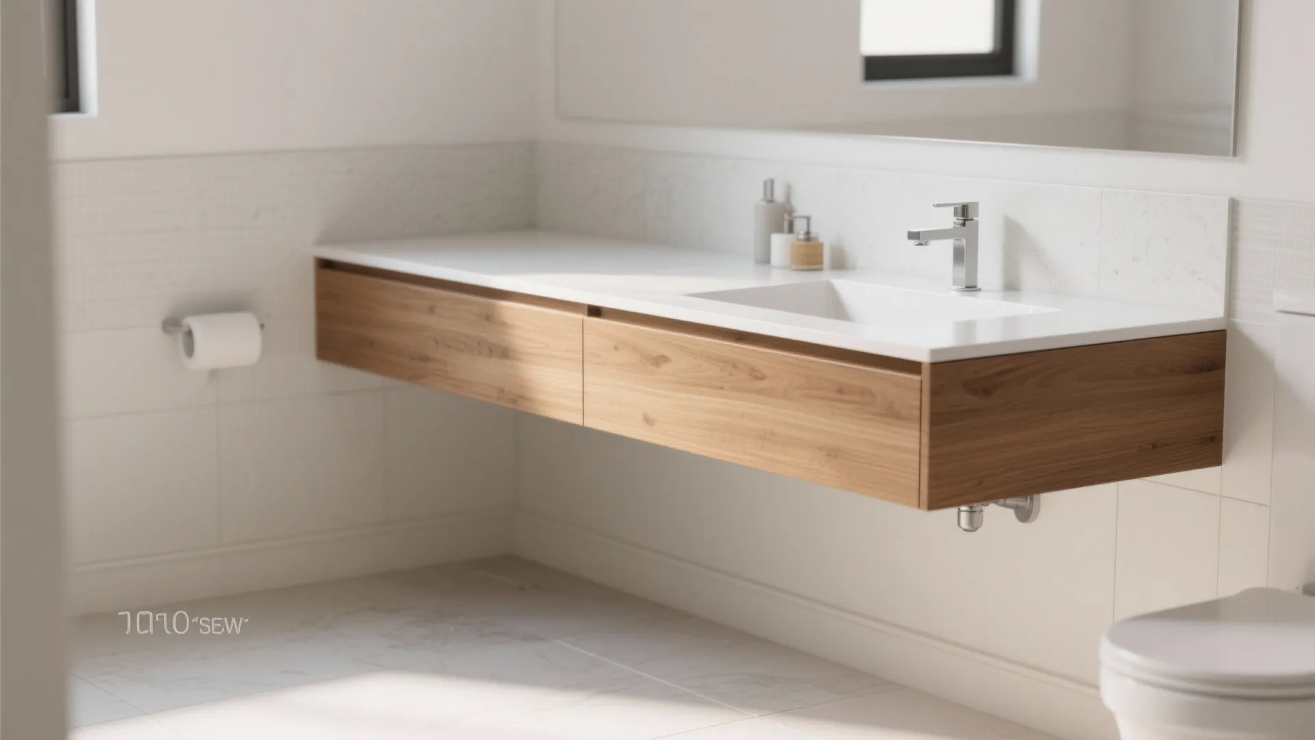Modern bathroom with wood wall cabinet under white sink and faucet in a bright room
