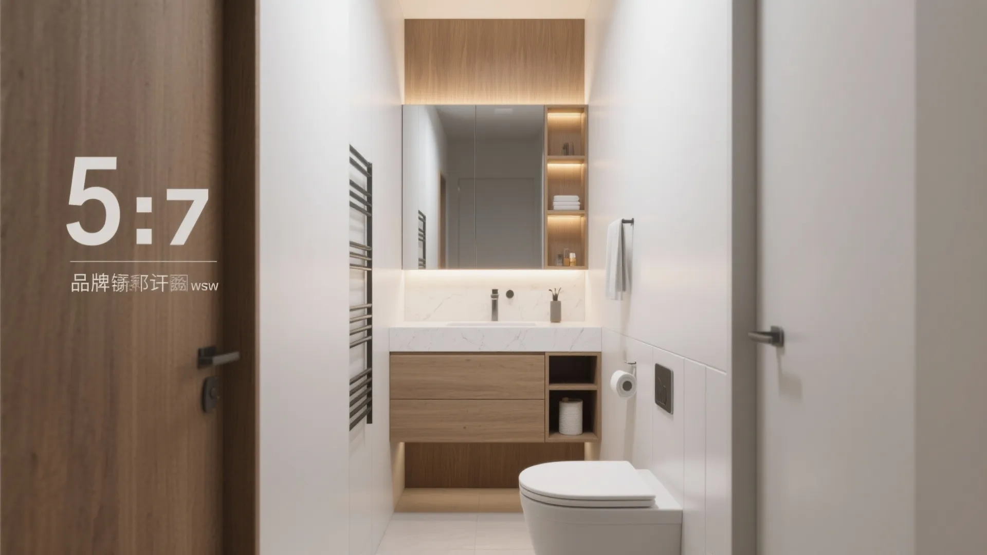 Small modern bathroom with wooden floating cabinet white marble counter mirror with light and white toilet