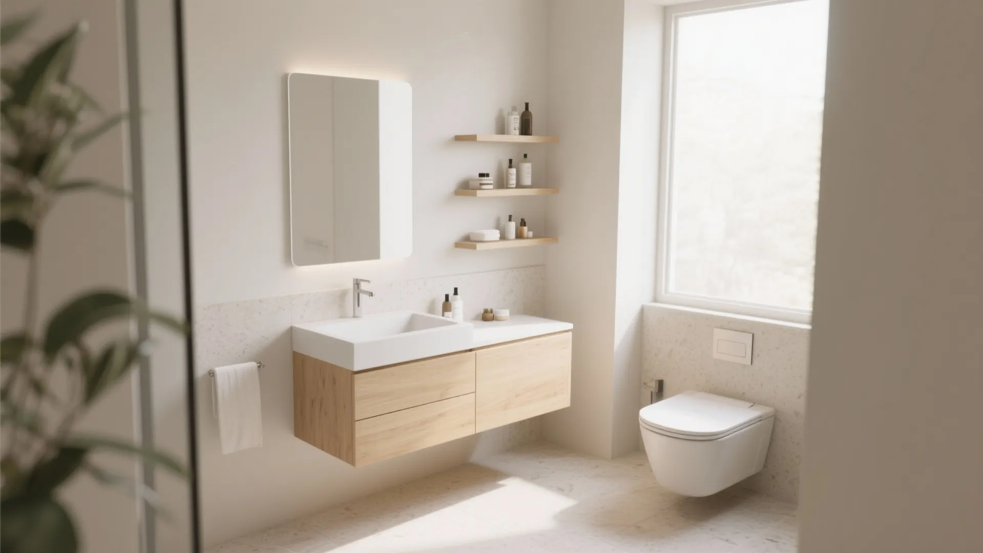 Modern bathroom featuring wood floating cabinet with white sink mirror and small wall mounted toilet