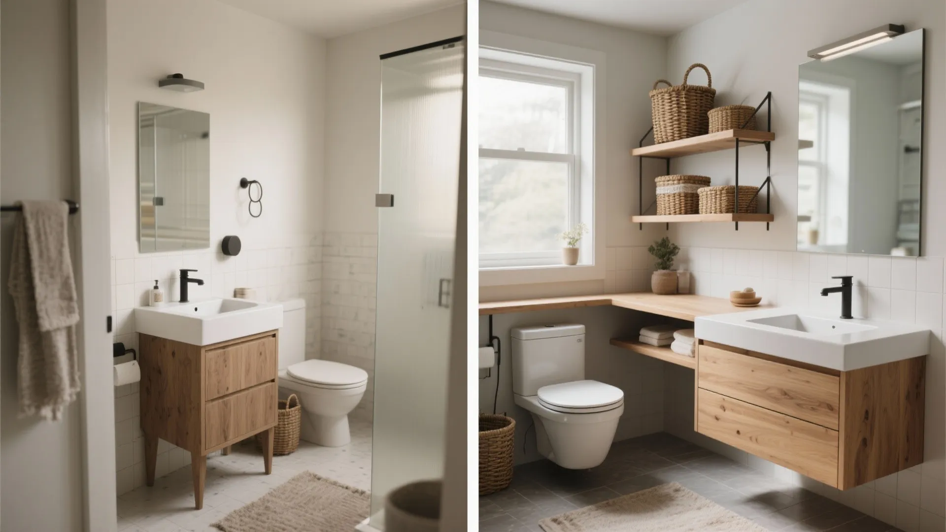 Comparison of a small bathroom before and after installing a wall mounted wood sink cabinet