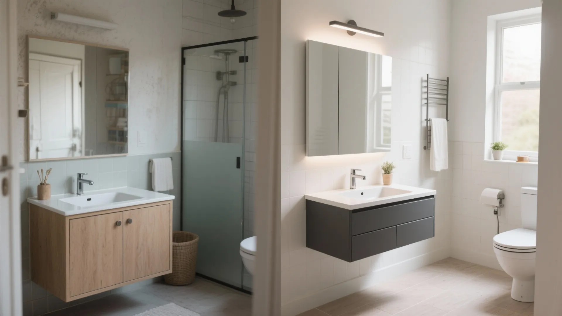 Before and after comparison of old floor standing wood cabinet versus modern grey floating sink