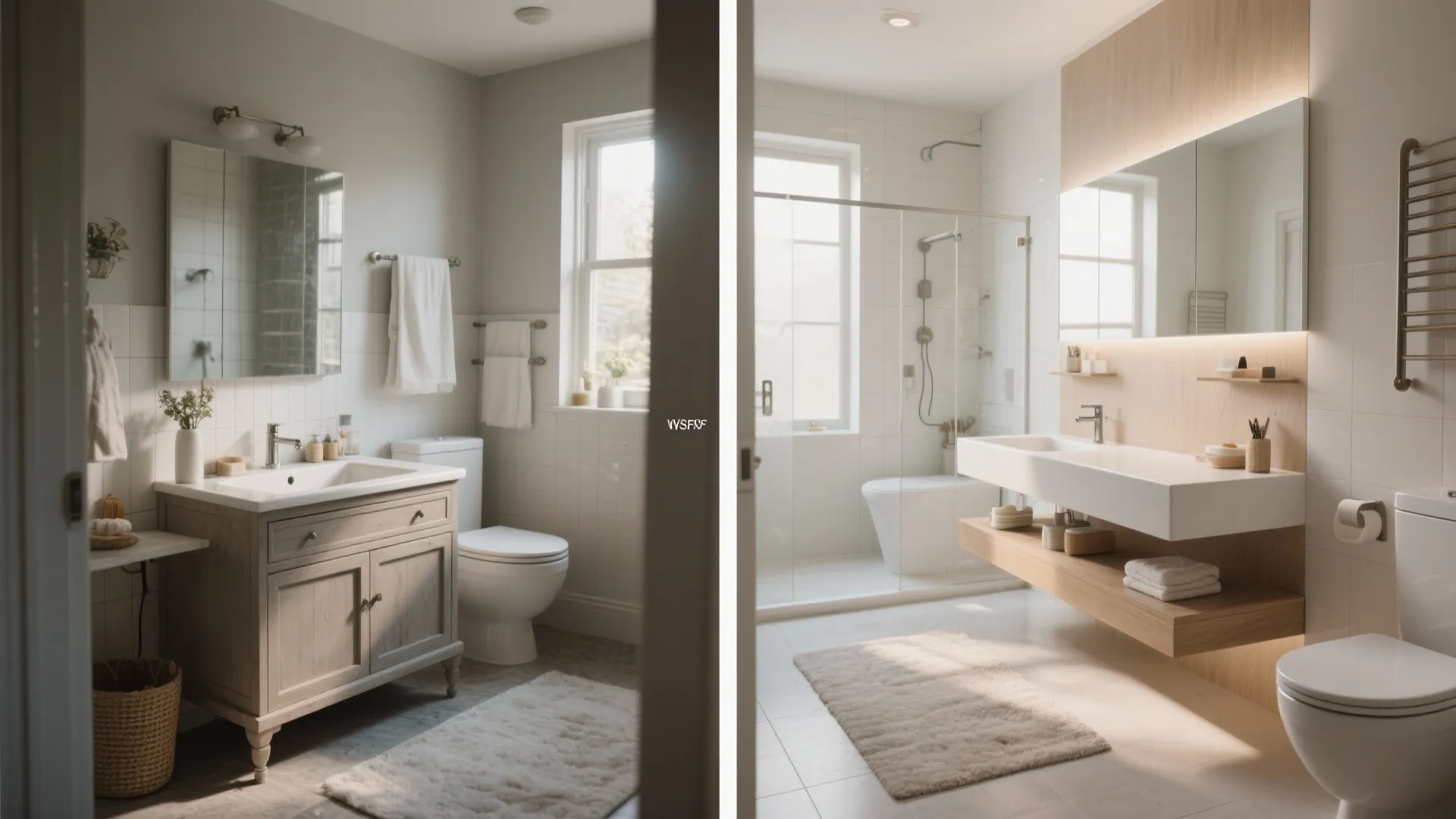 Before and after comparison of a traditional wooden cabinet versus a modern floating bathroom sink