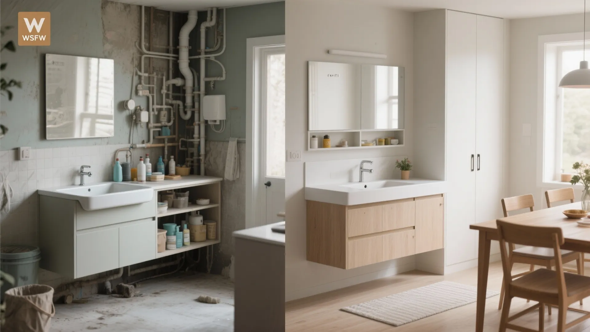 Before and after comparison of messy bathroom pipes versus a clean modern wooden floating cabinet