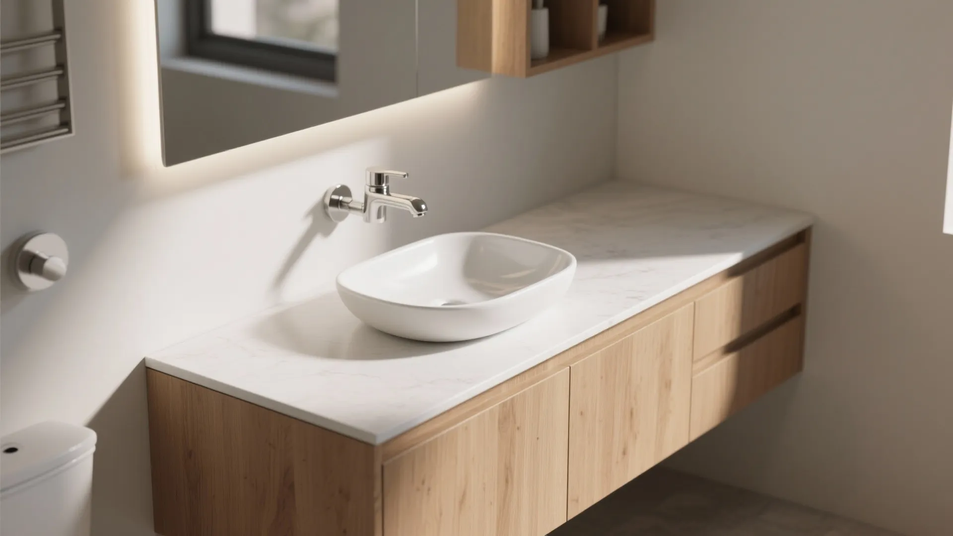 Close up of a wooden bathroom cabinet with white marble top and round white sink