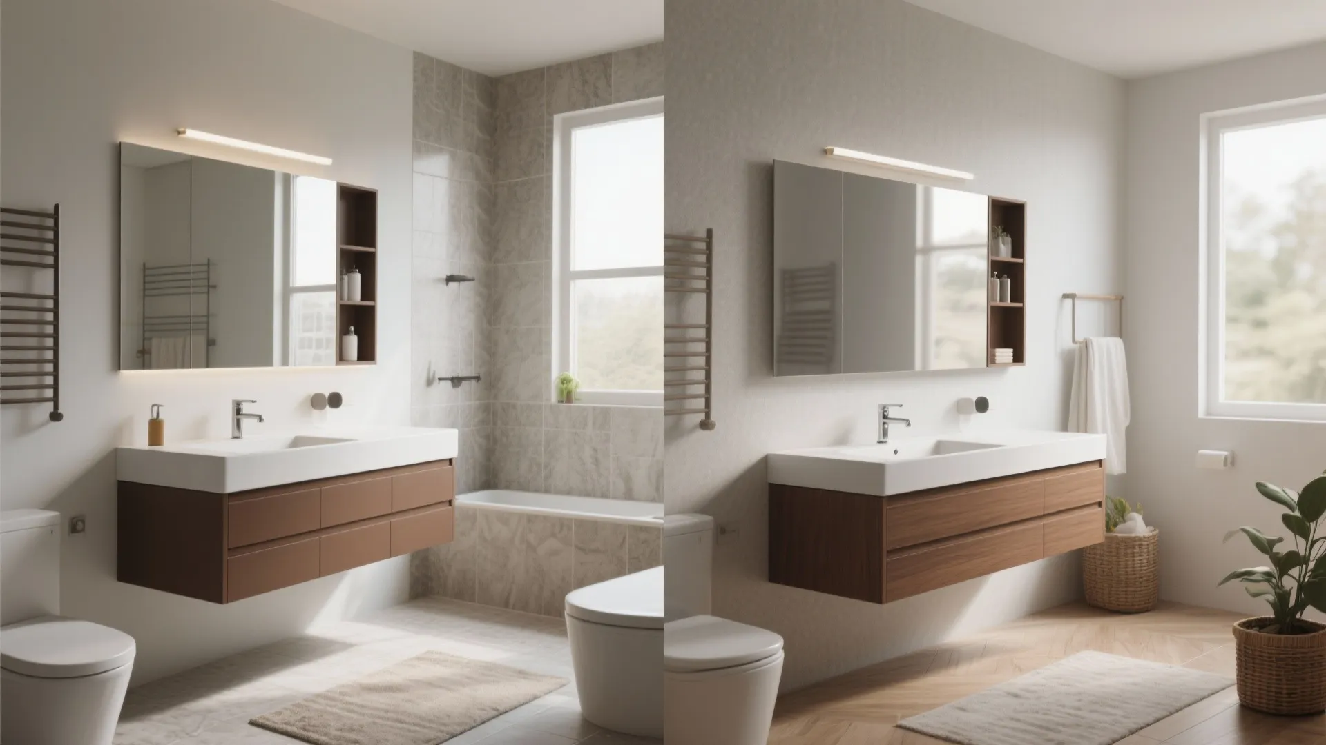 Before and after comparison of two different wood bathroom cabinets and room layouts with plants