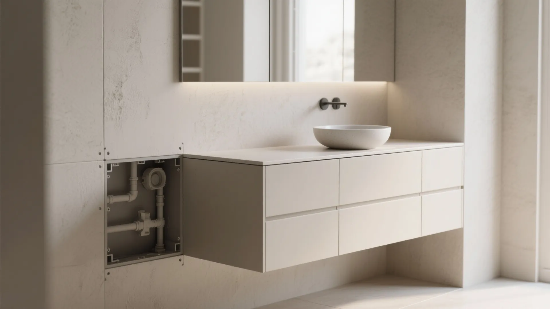 Modern bathroom with wall cabinet and sink showing hidden plumbing pipes behind a wall panel
