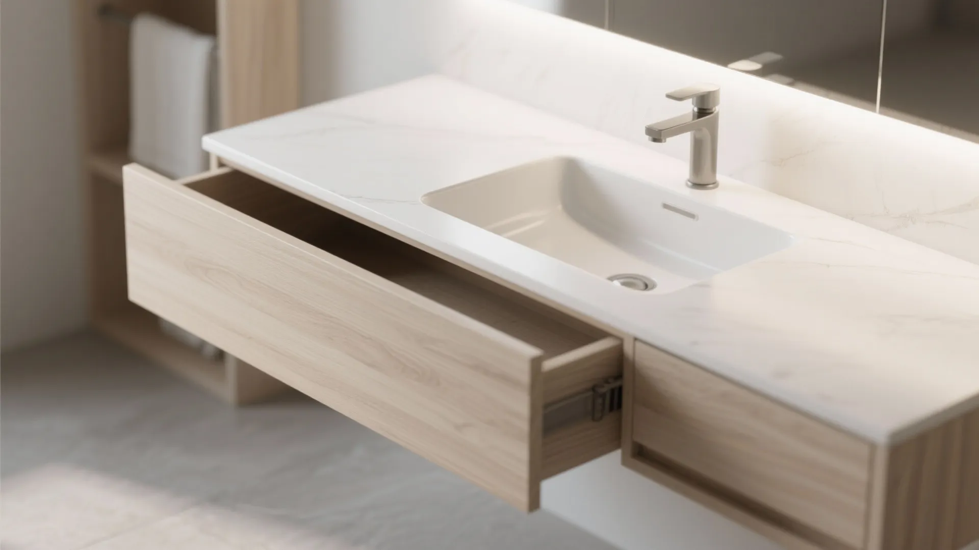 White marble bathroom counter with sink and open light wood drawer showing modern storage design