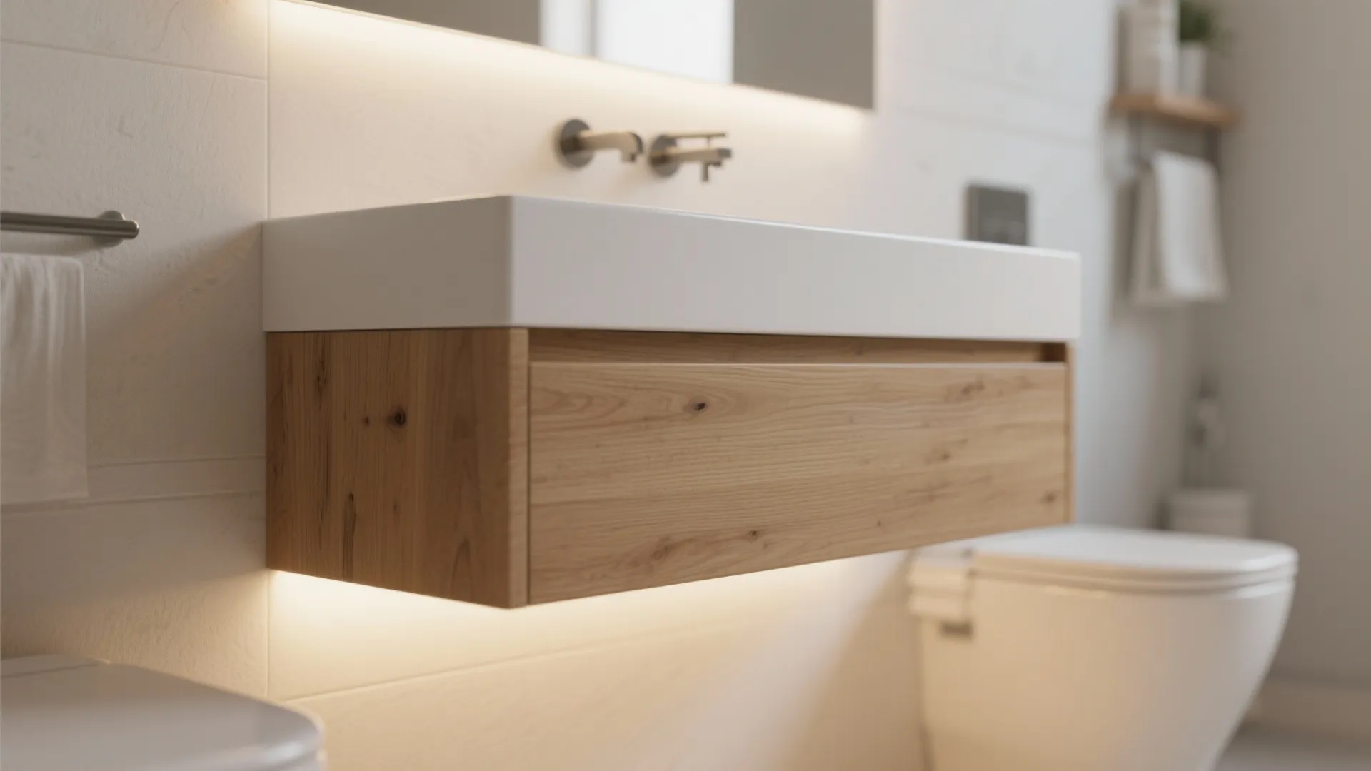Modern wooden wall cabinet with white sink and faucet in a brightly lit clean bathroom