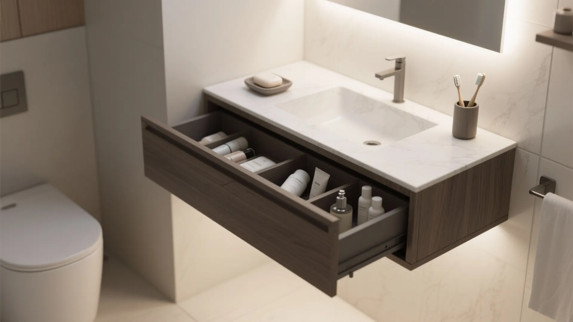 1. Slim floating vanity with hidden storage