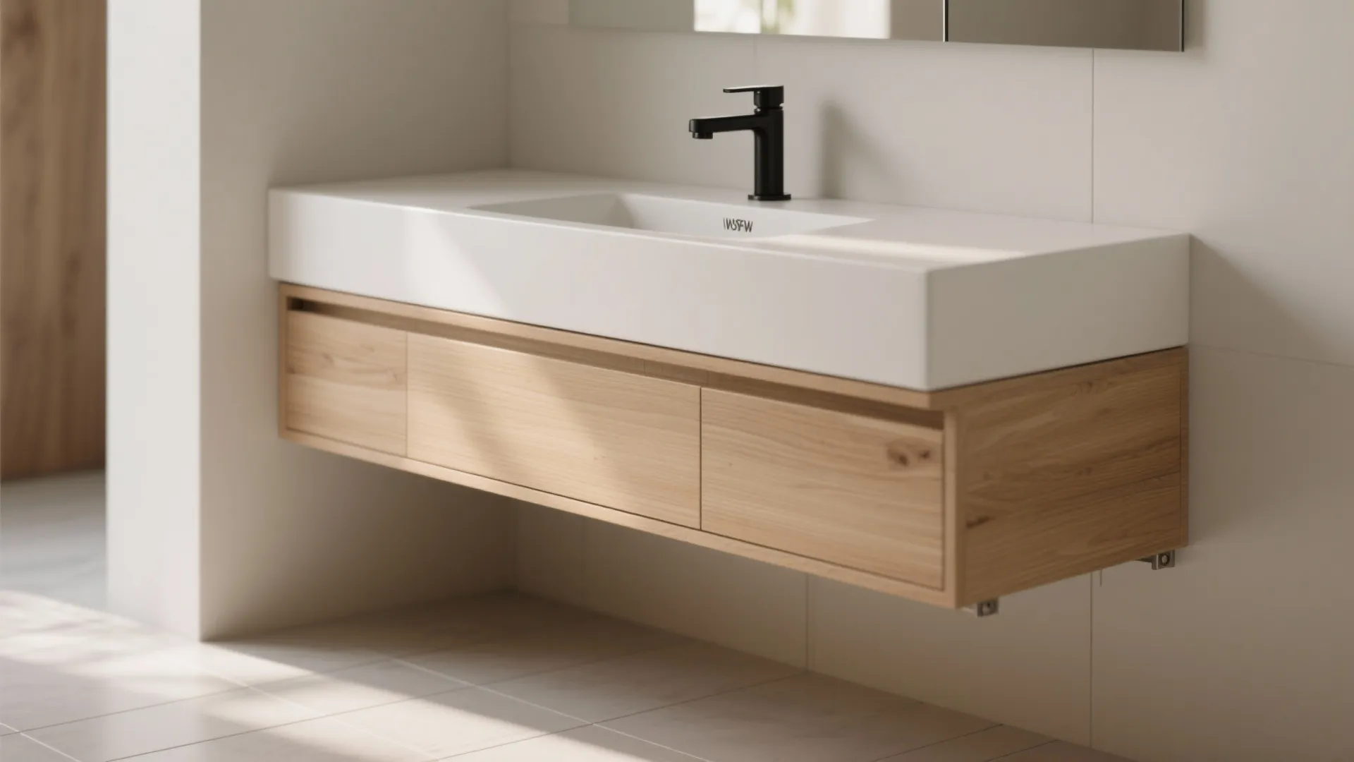 Floating white oak vanity with recessed toe-kick and hidden drawer in a small bathroom.