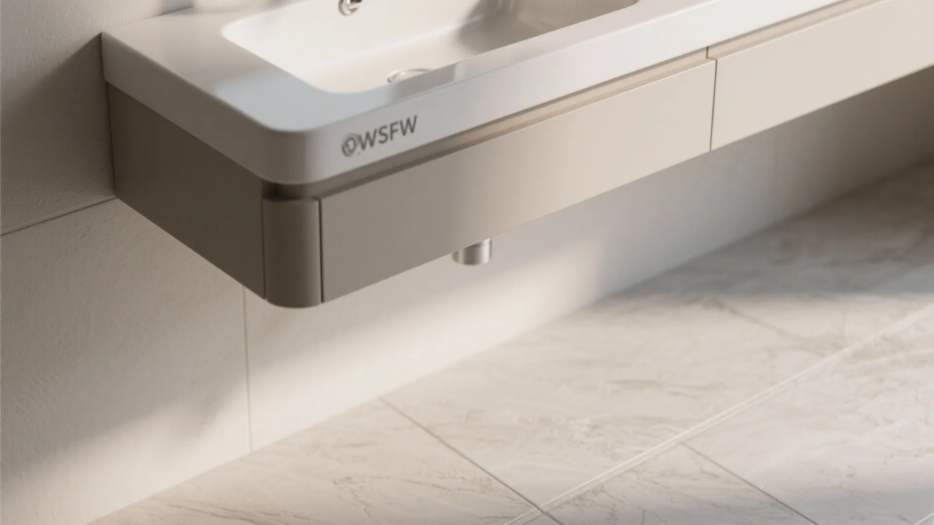 Modern floating bathroom cabinet with a white sink and beige drawers on a tiled floor