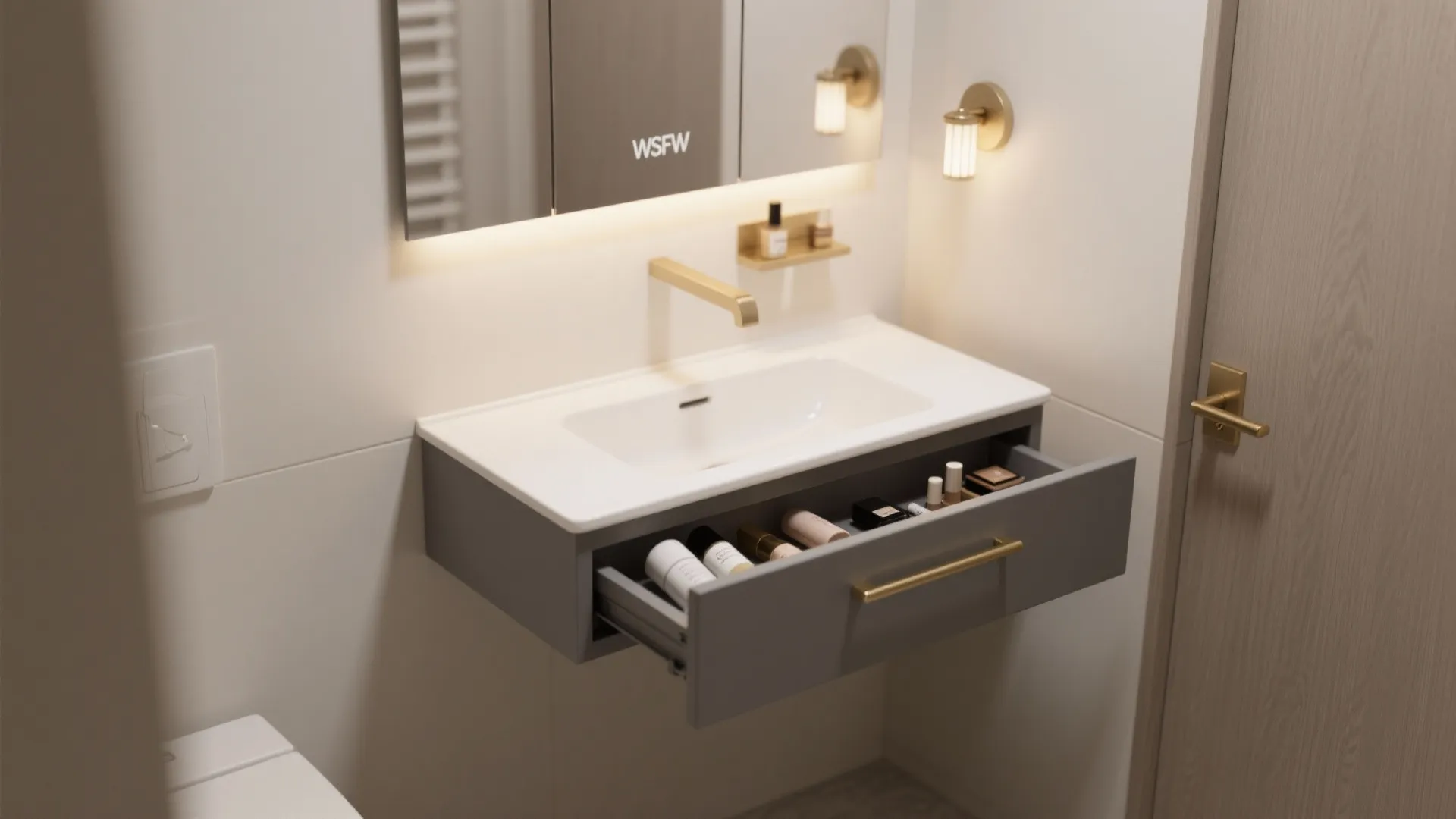 1. Wall-Mounted Vanity and Floating Storage