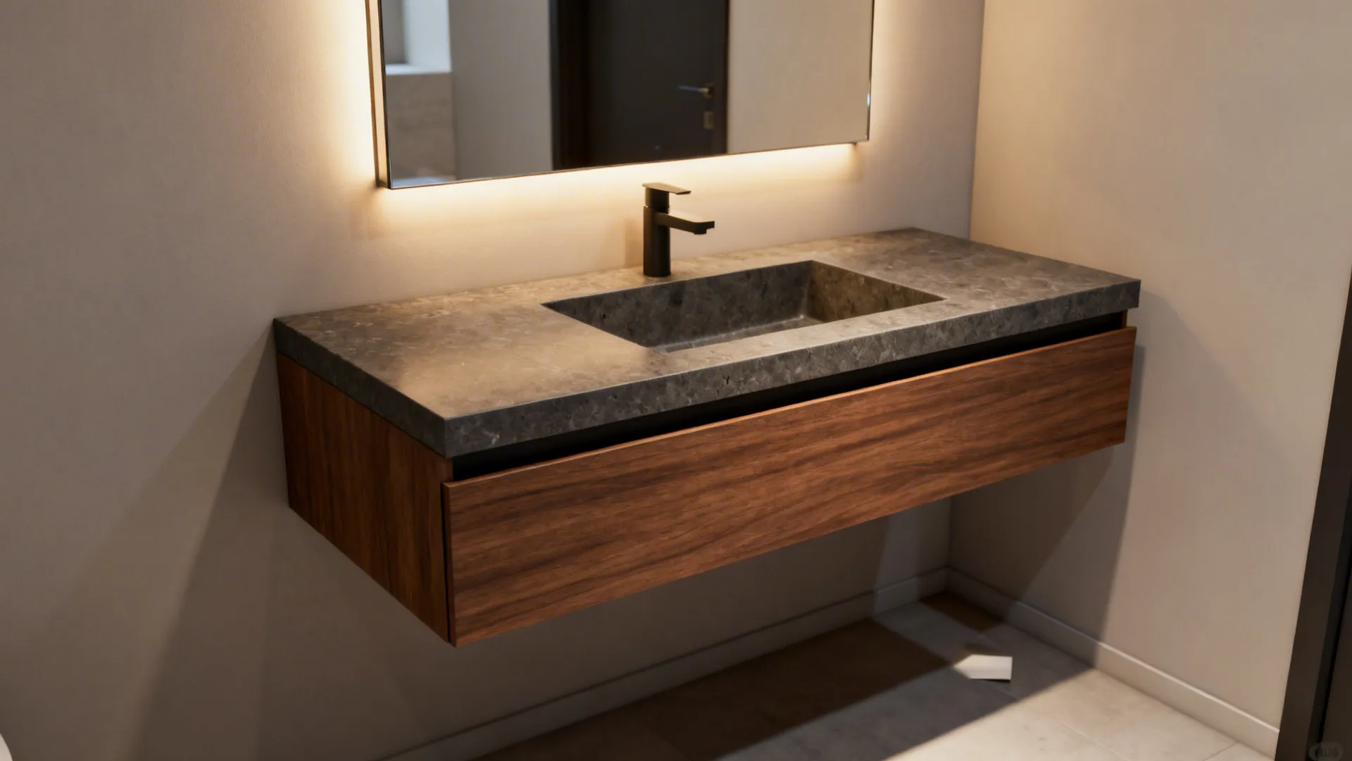 Slim floating vanity with recessed storage and open floor space for an airy bathroom feel