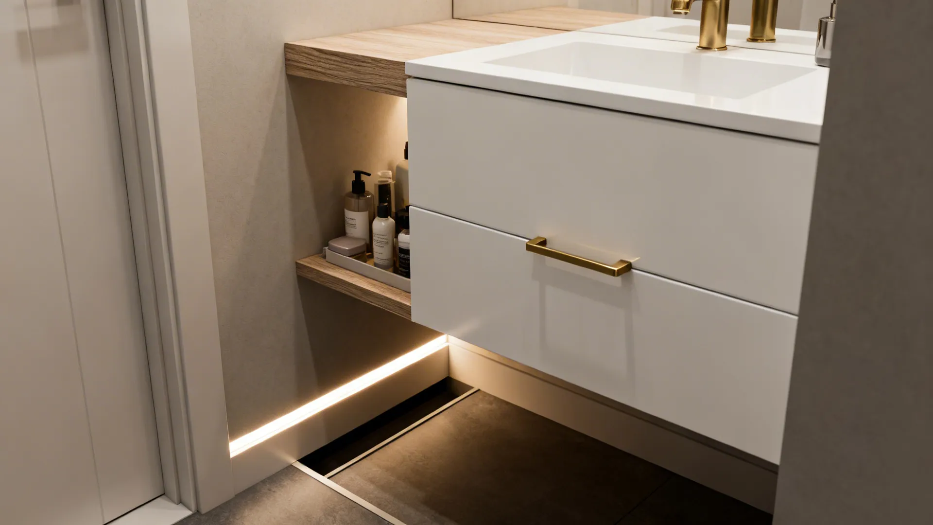 Wall-mounted floating vanity with visible floor space and recessed shelf in a small powder room