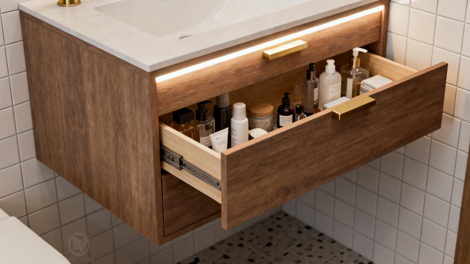 Wall-mounted floating vanity with shallow drawers and LED strip lighting in a small bathroom.
