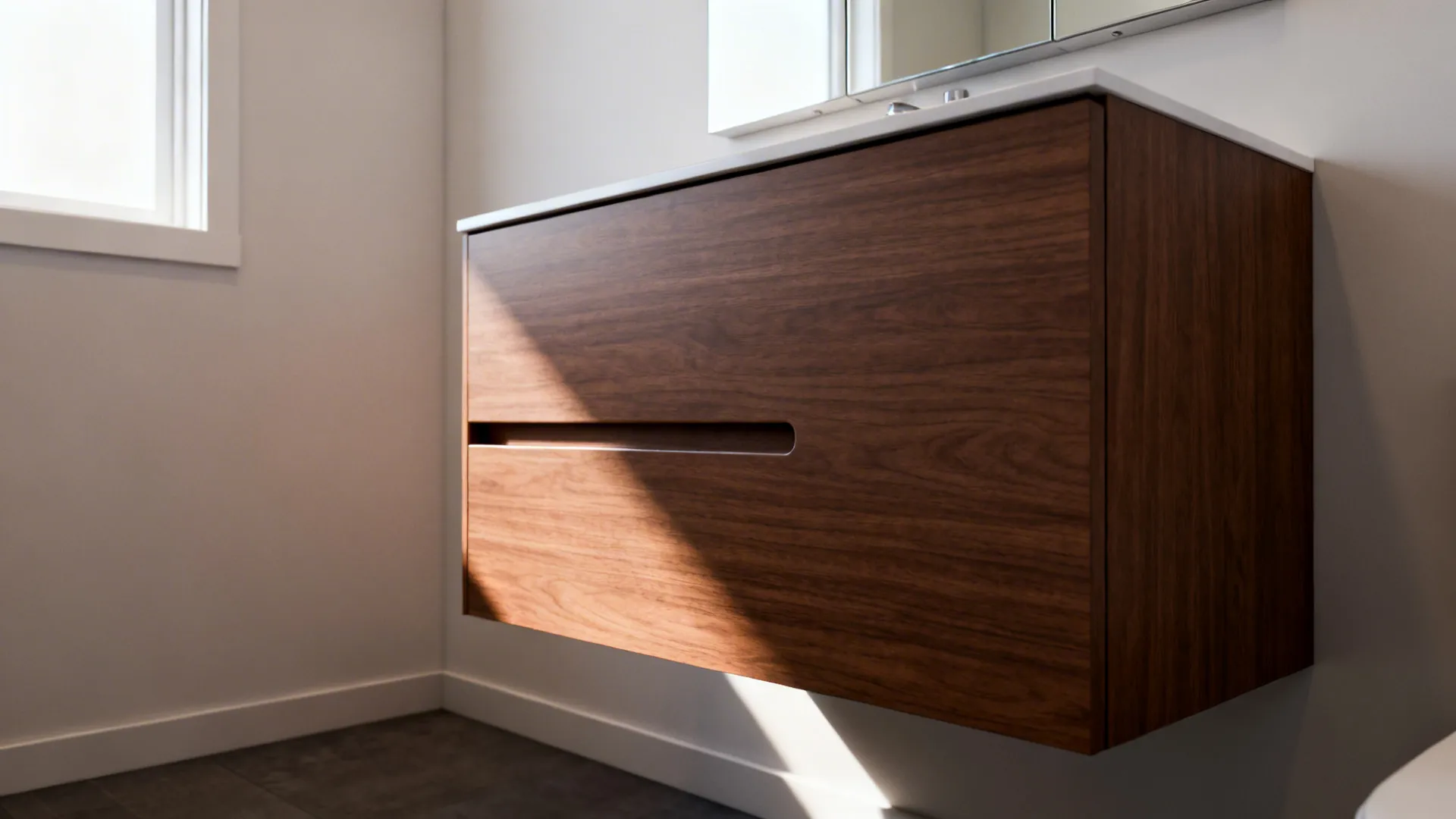 Floating wall-mounted vanity with open floor space and recessed medicine cabinet.