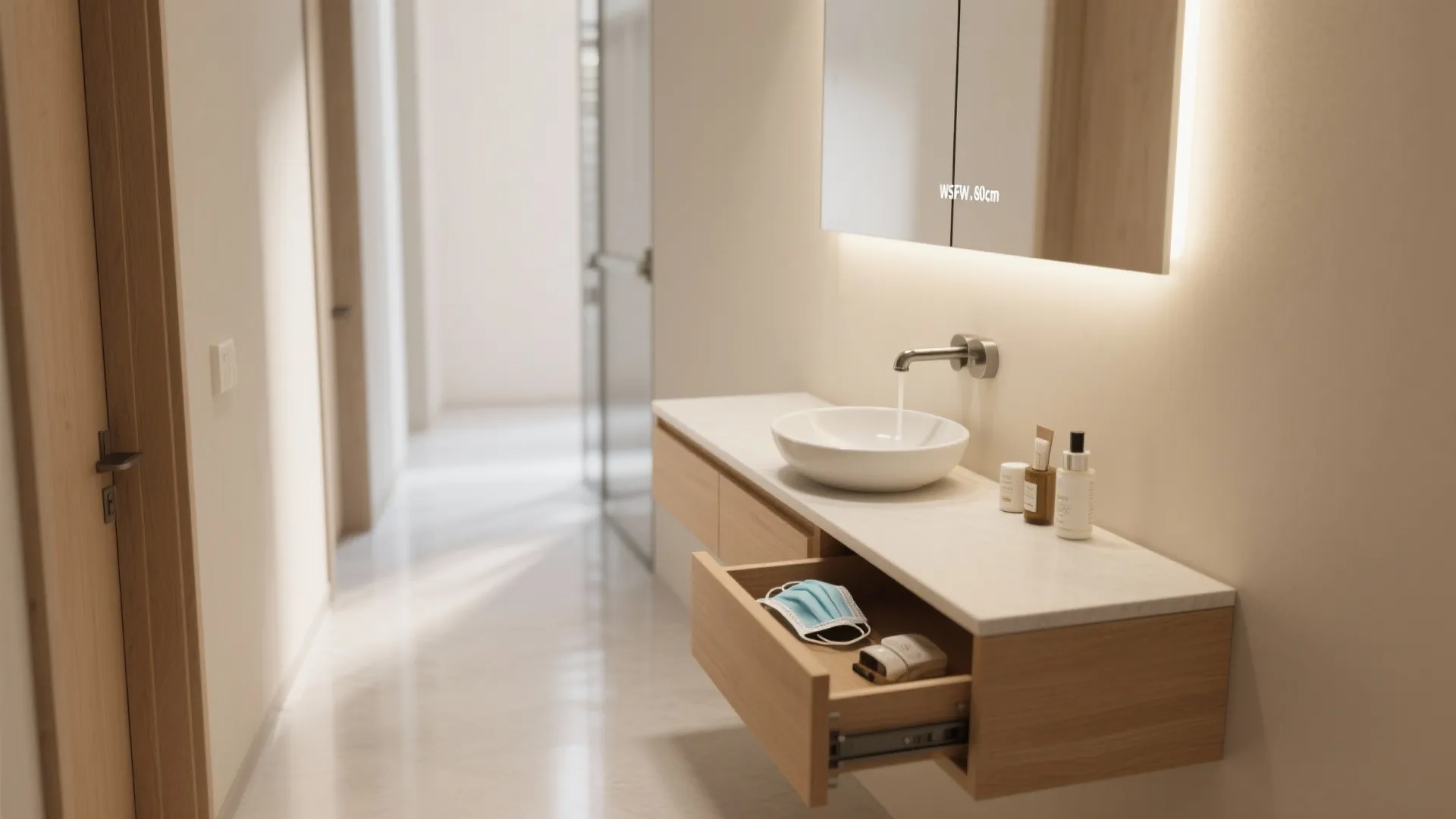 Floating wood bathroom cabinet with open drawer showing storage space under a white round sink