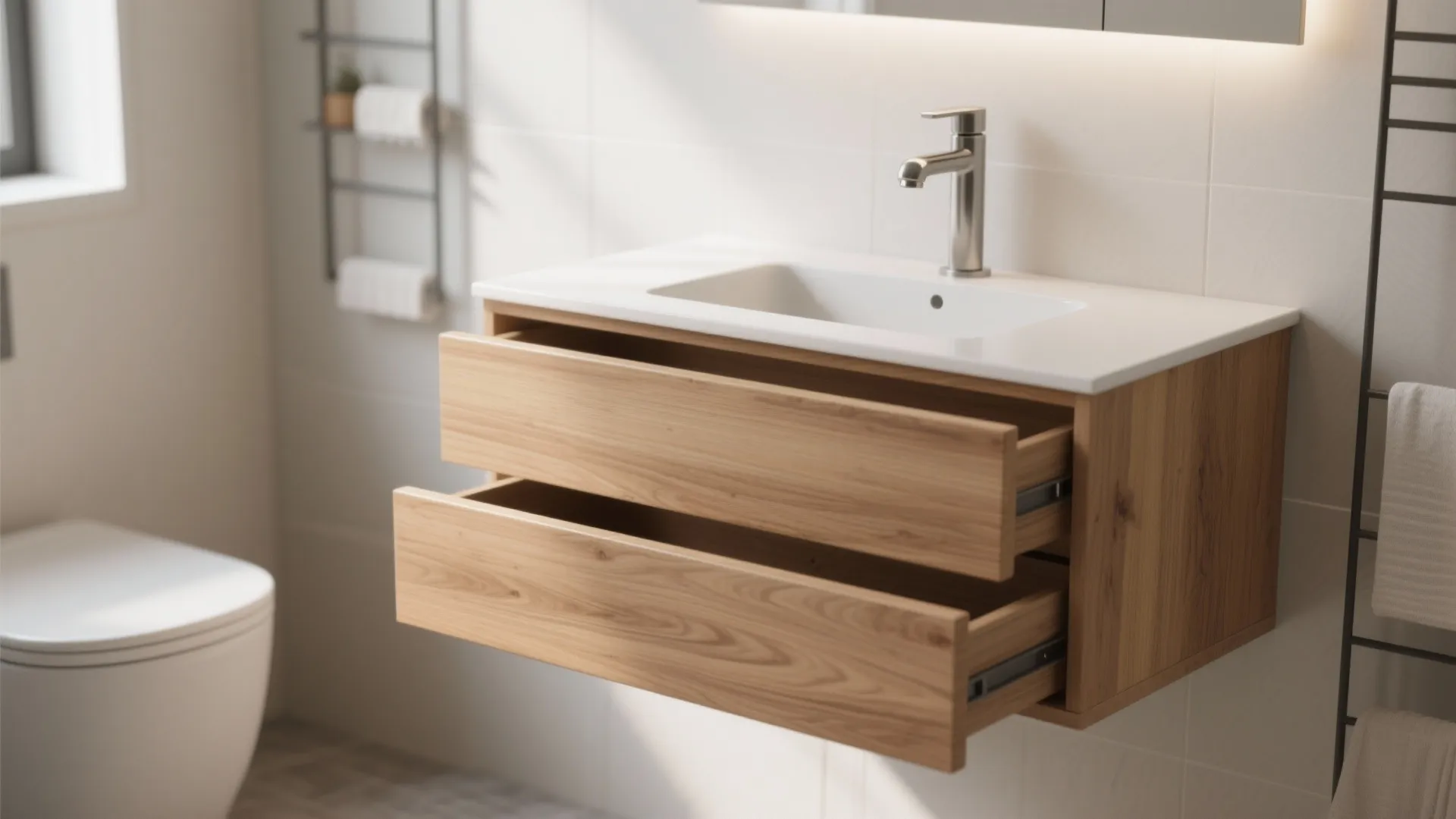 Floating wooden bathroom cabinet with two open drawers under a white sink in bright room