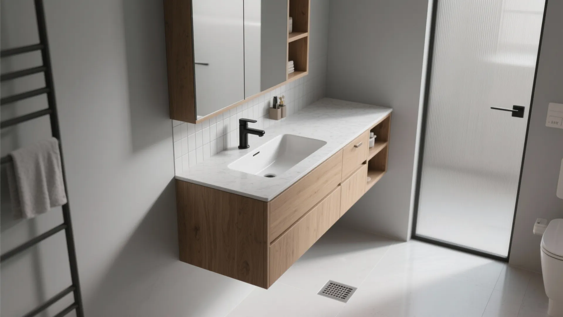 1) Minimal floating vanity with concealed drawers