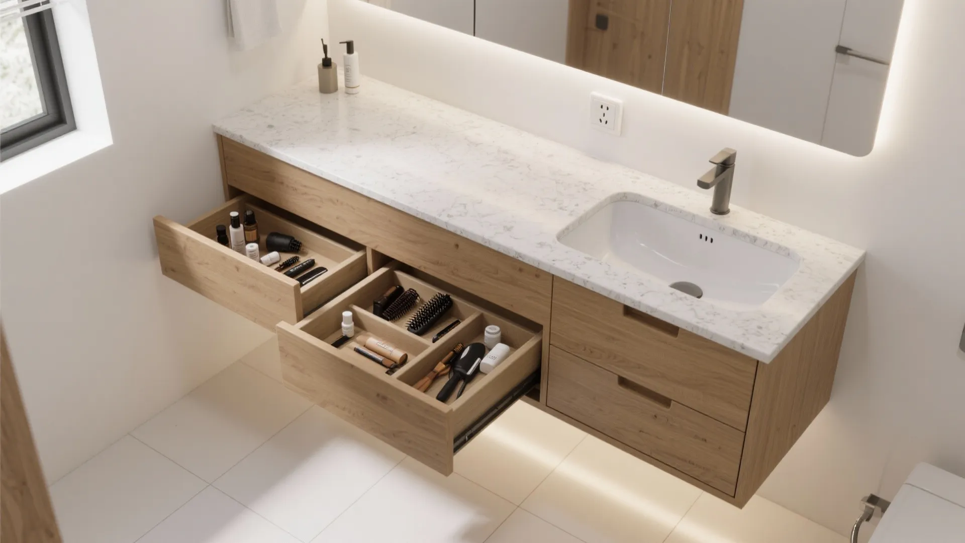 Floating vanities with deep drawers and organizers