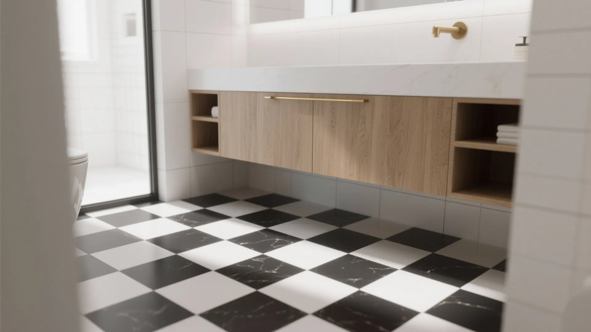 Small bathroom with a floating wood-look vanity and checkered floor running underneath.