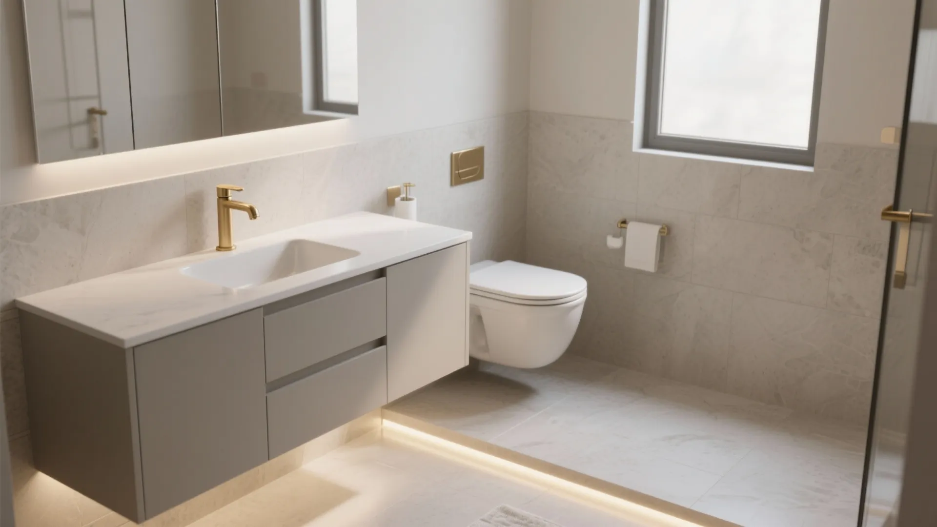 Modern bathroom with grey cabinet white sink gold tap white toilet and marble wall tiles