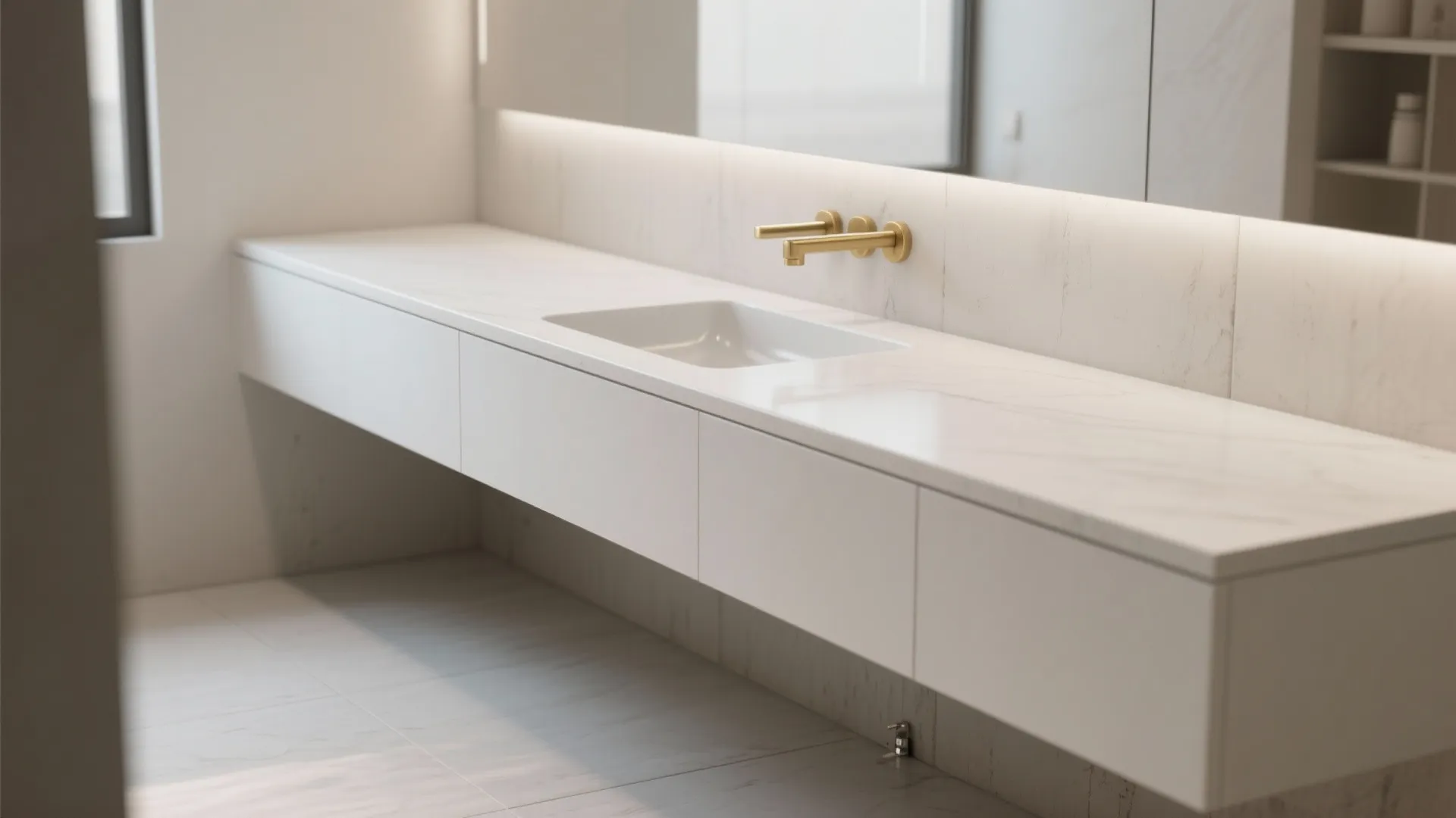 1. Floating white vanity with gold hardware