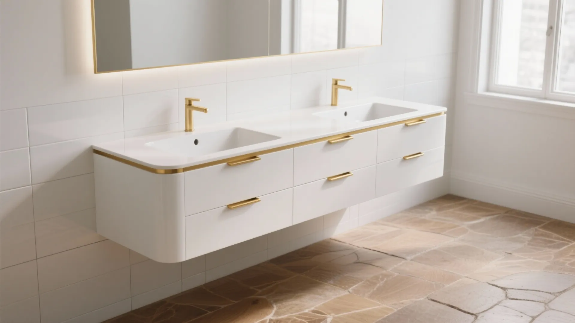 Modern white double sink cabinet with gold faucets and handles on light brown stone floor