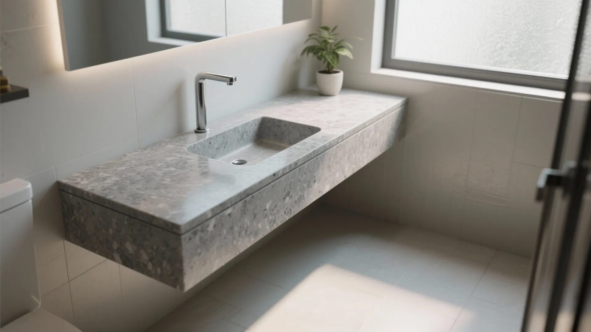 2. Floating Vanity with Granite Top in Compact Baths