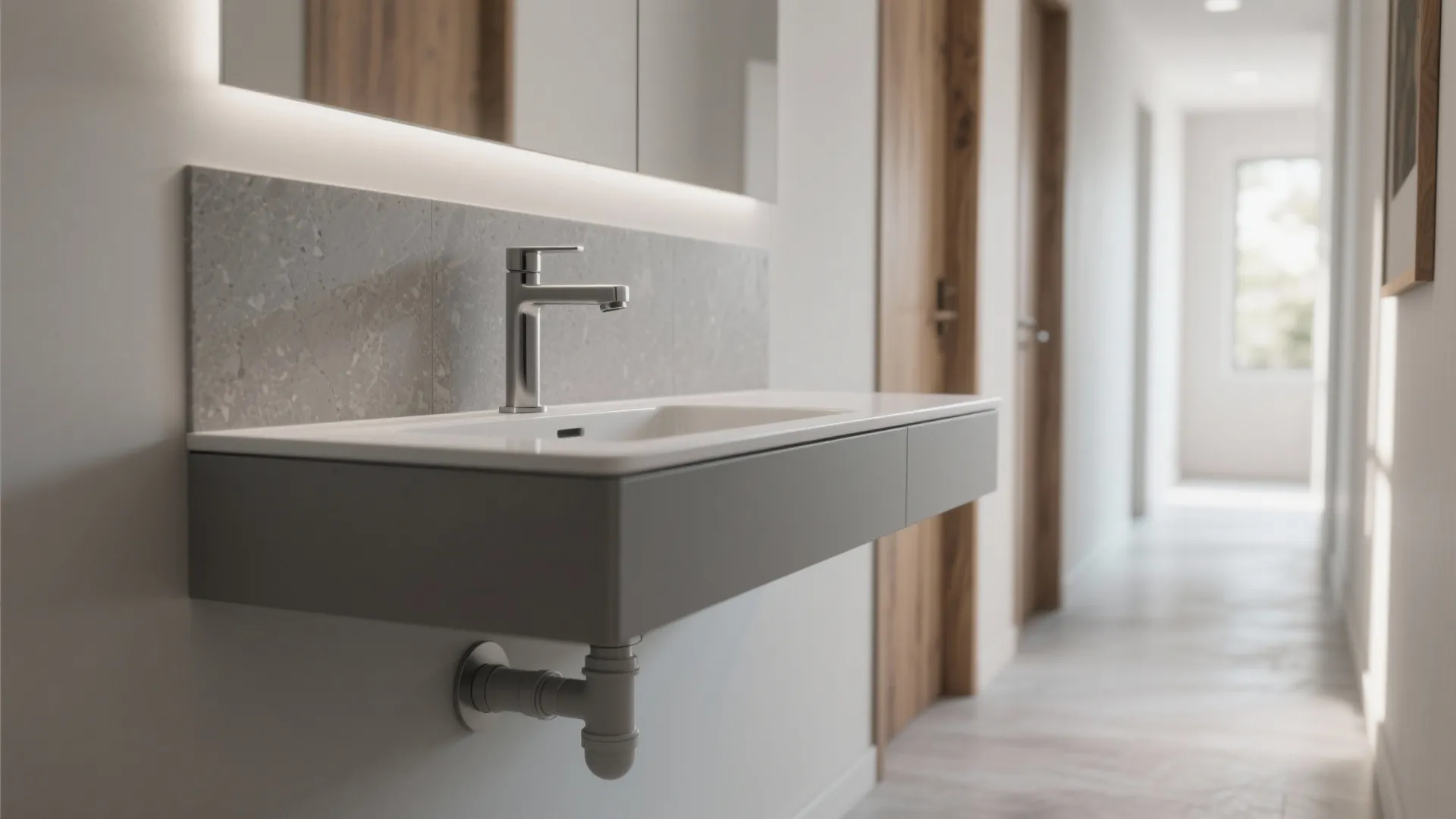 Minimalist Floating Vanity With Integrated Backsplash