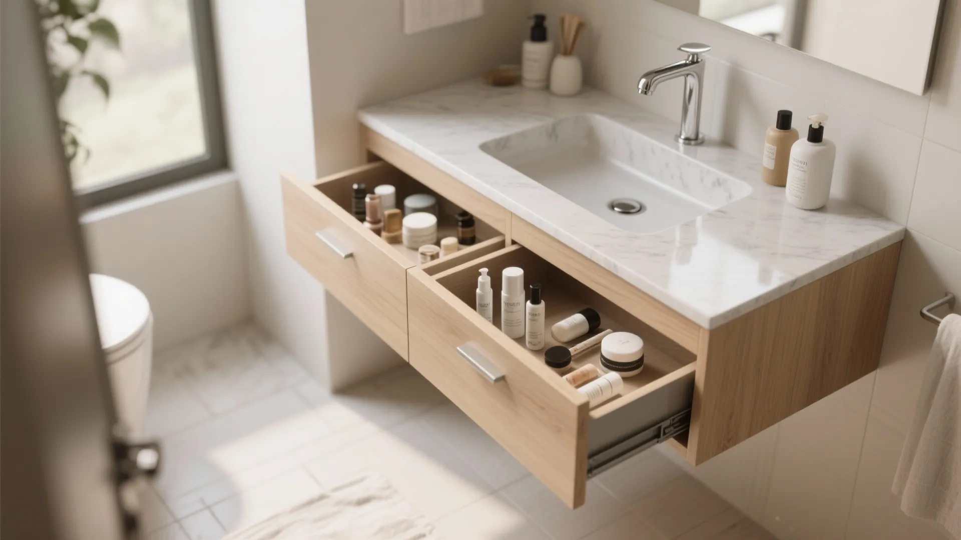 Modern wood bathroom cabinet with marble sink and open drawers holding various small skincare products