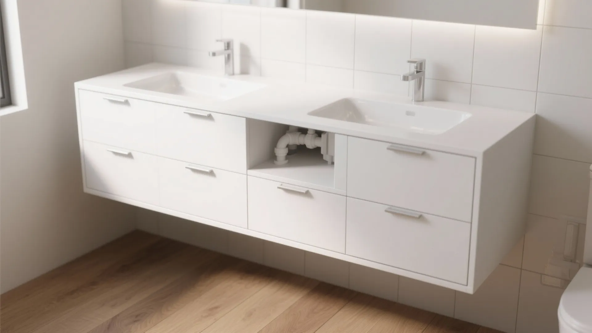Wall-mounted minimal vanity with hidden storage