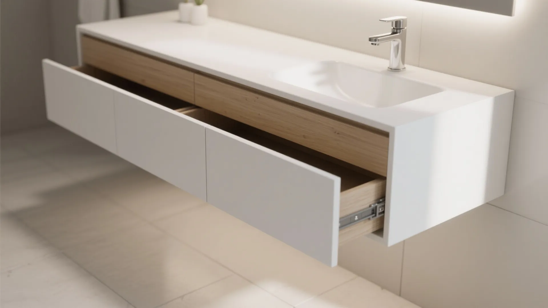 1. Floating vanity with hidden drawers