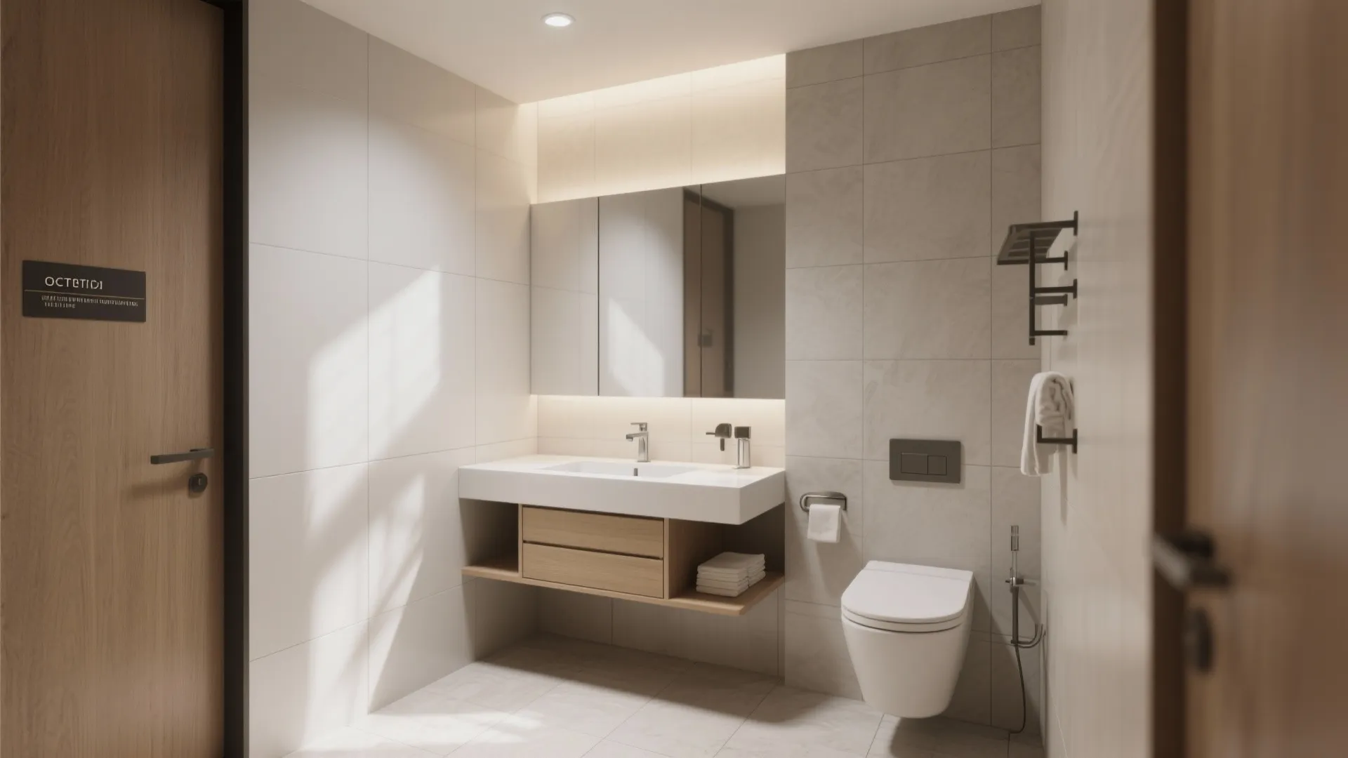 Modern bathroom with floating wood cabinet white sink large mirror warm light and white toilet