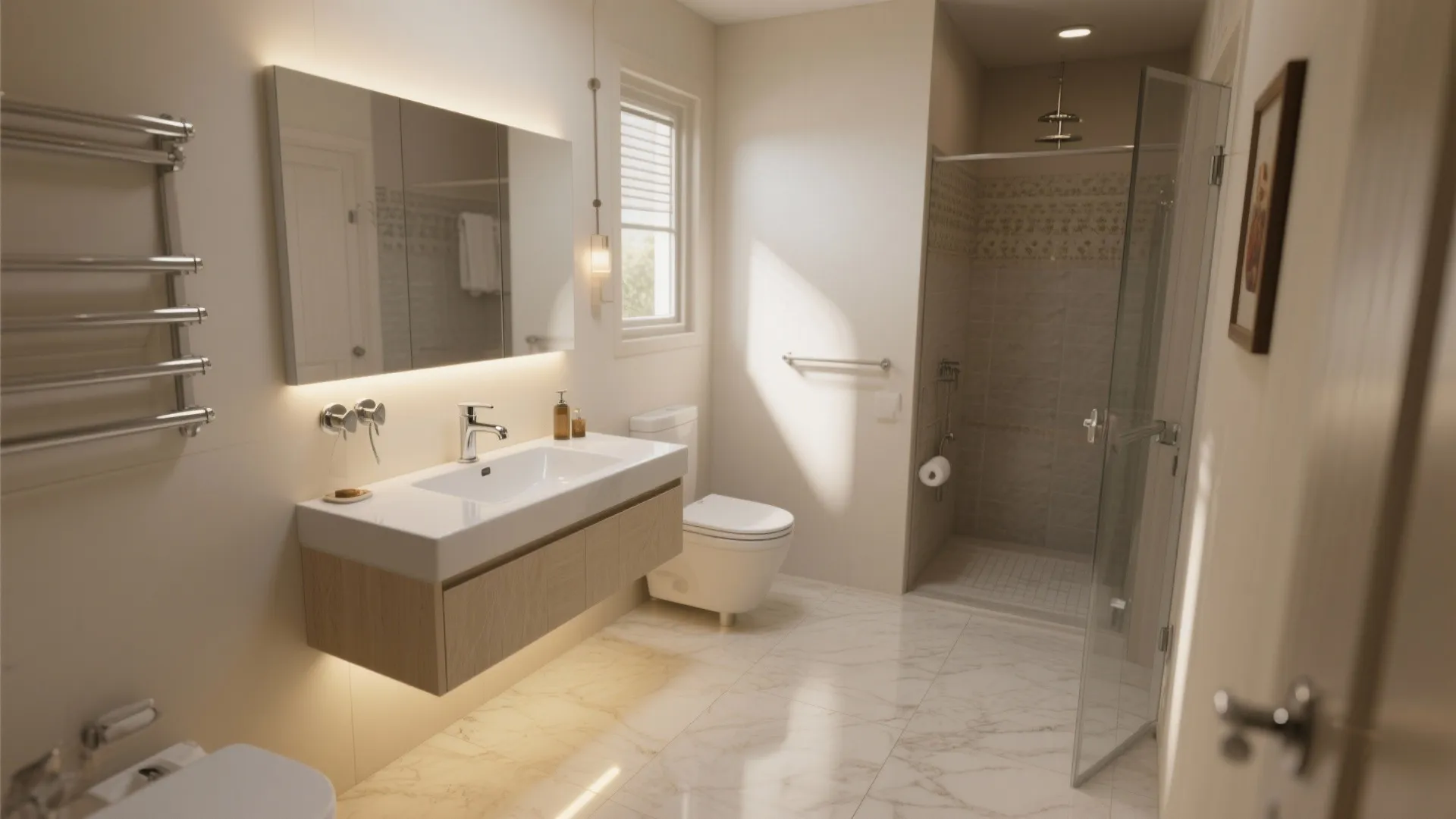 Bright bathroom interior with floating wooden cabinet white sink lighted mirror toilet and glass walk-in shower