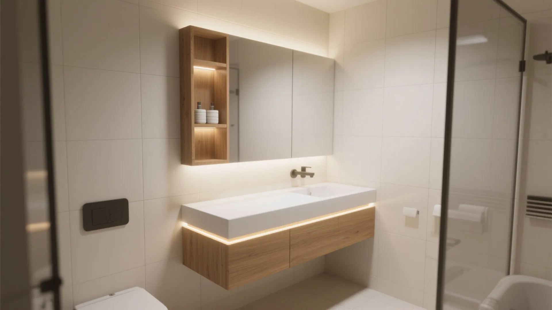 Floating wooden bathroom cabinet with integrated light strip mirror shelf white sink and white tiled wall