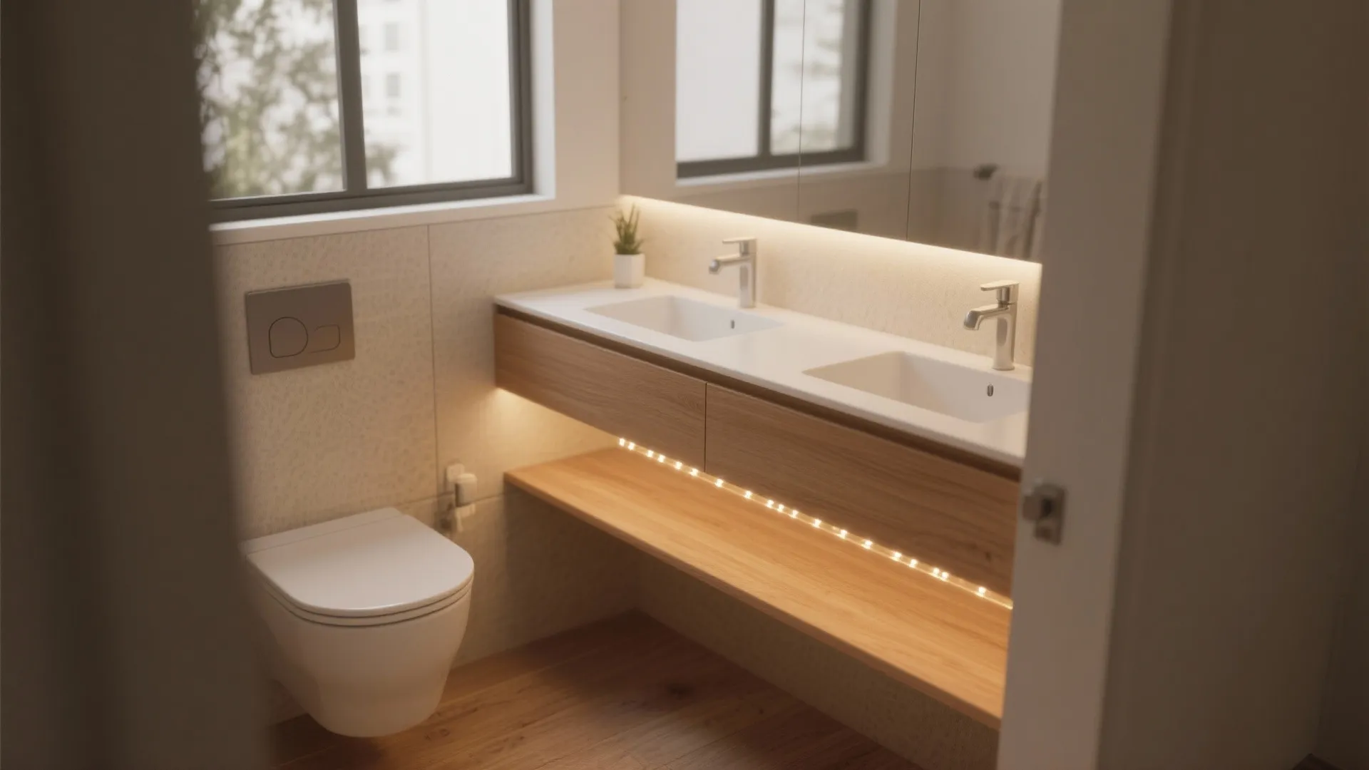 Wooden cabinet with double sinks and bright light strip under a mirror in modern bathroom