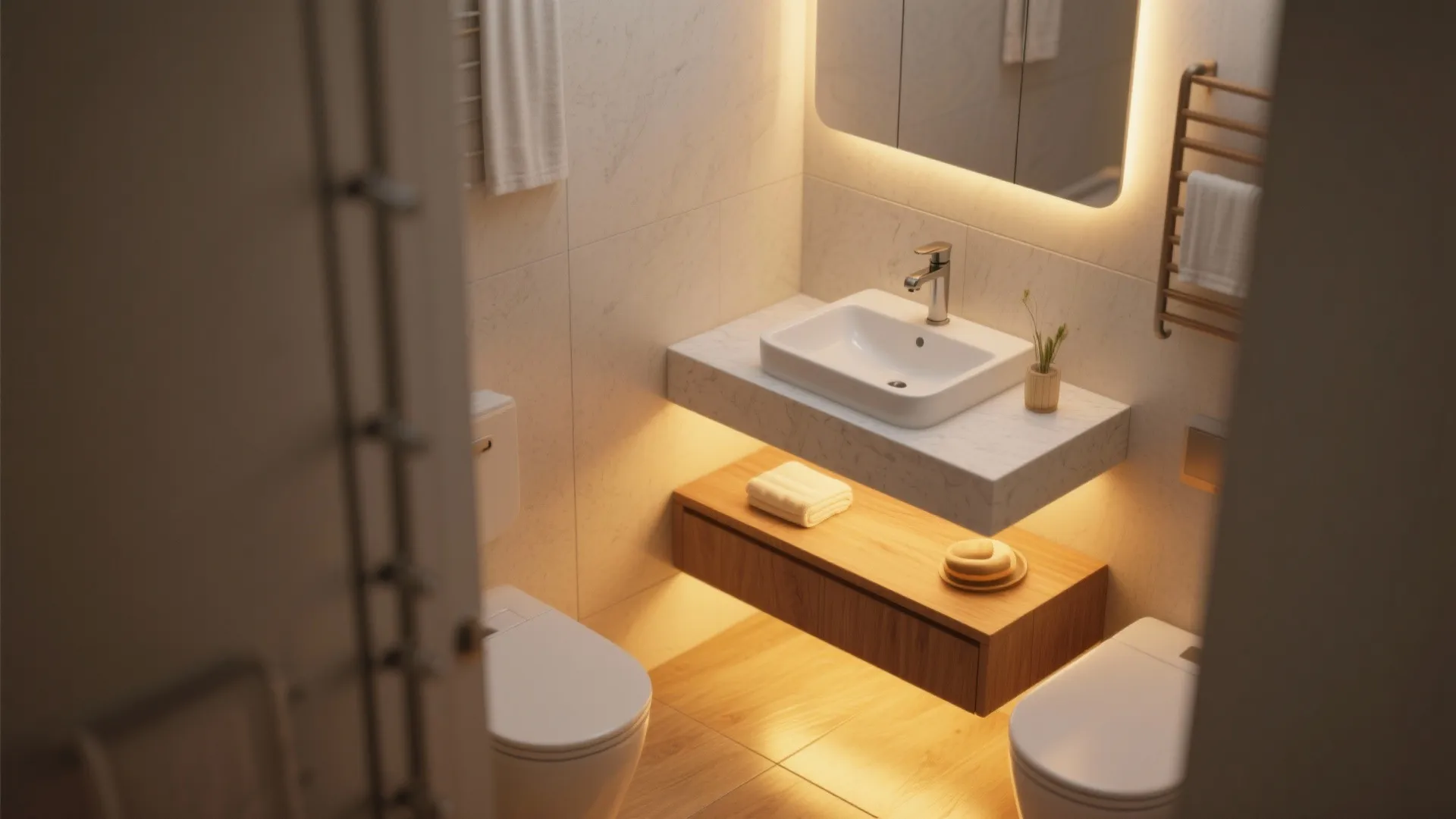 Small bathroom featuring a floating white sink and wooden drawer with warm yellow led lighting