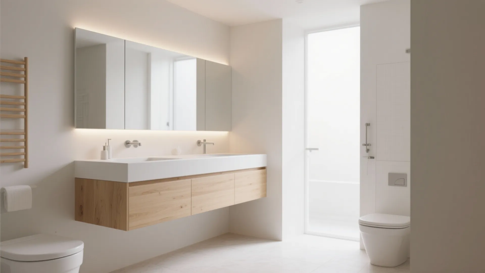 Bright bathroom featuring a floating wood cabinet with white sink under a long lighted mirror