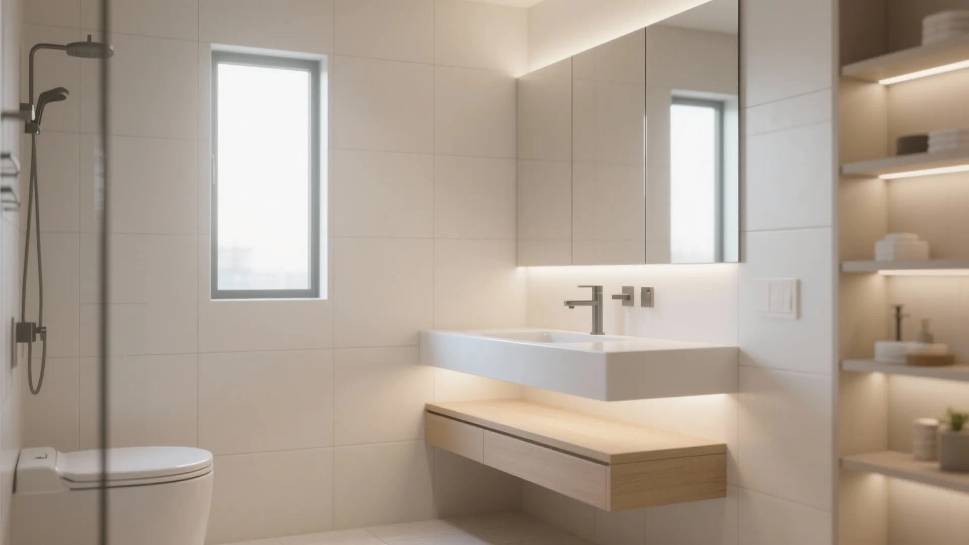 Modern white bathroom with floating vanity led light mirror glass shower door and small window view