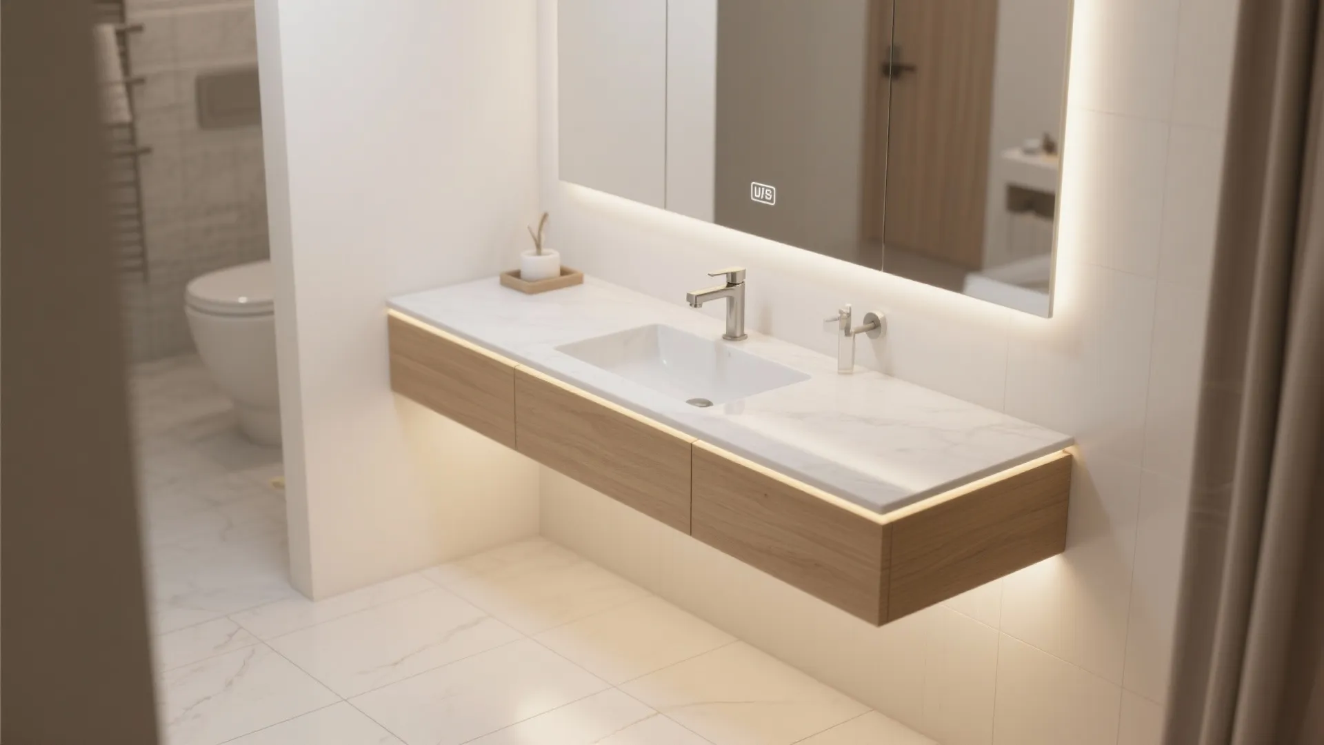 1) Slim Floating Vanity + Under‑Glow LED