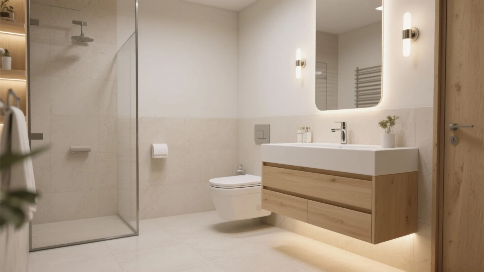 Floating vanity + wall-hung toilet for visual lift