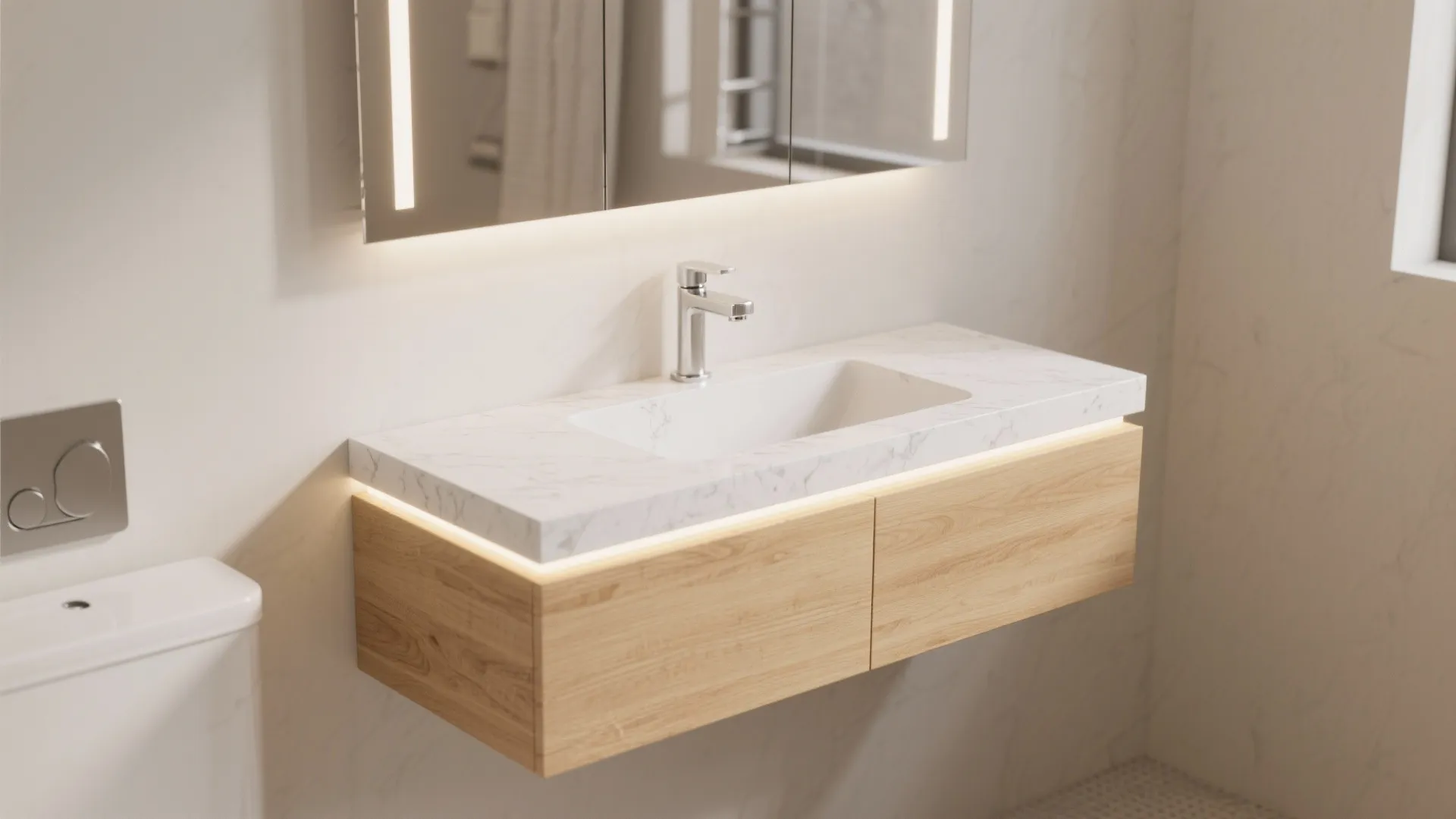 Modern wooden floating bathroom cabinet with marble top sink and lighted mirror above white wall