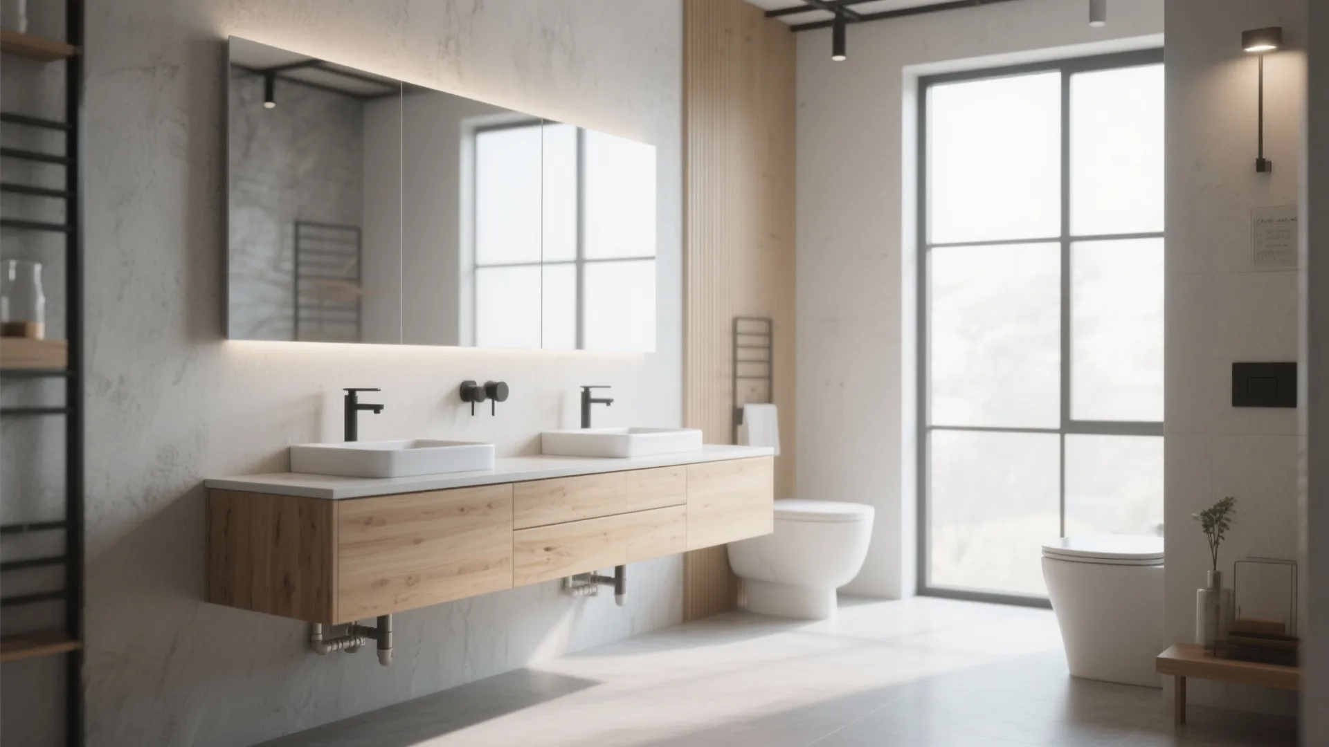 Bright bathroom featuring floating wooden cabinet with two sinks lighted mirror large window and white toilet